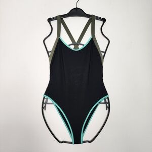 L☆SPACE "Maniac" black olive/aqua trim one piece 80s inspired swimsuit